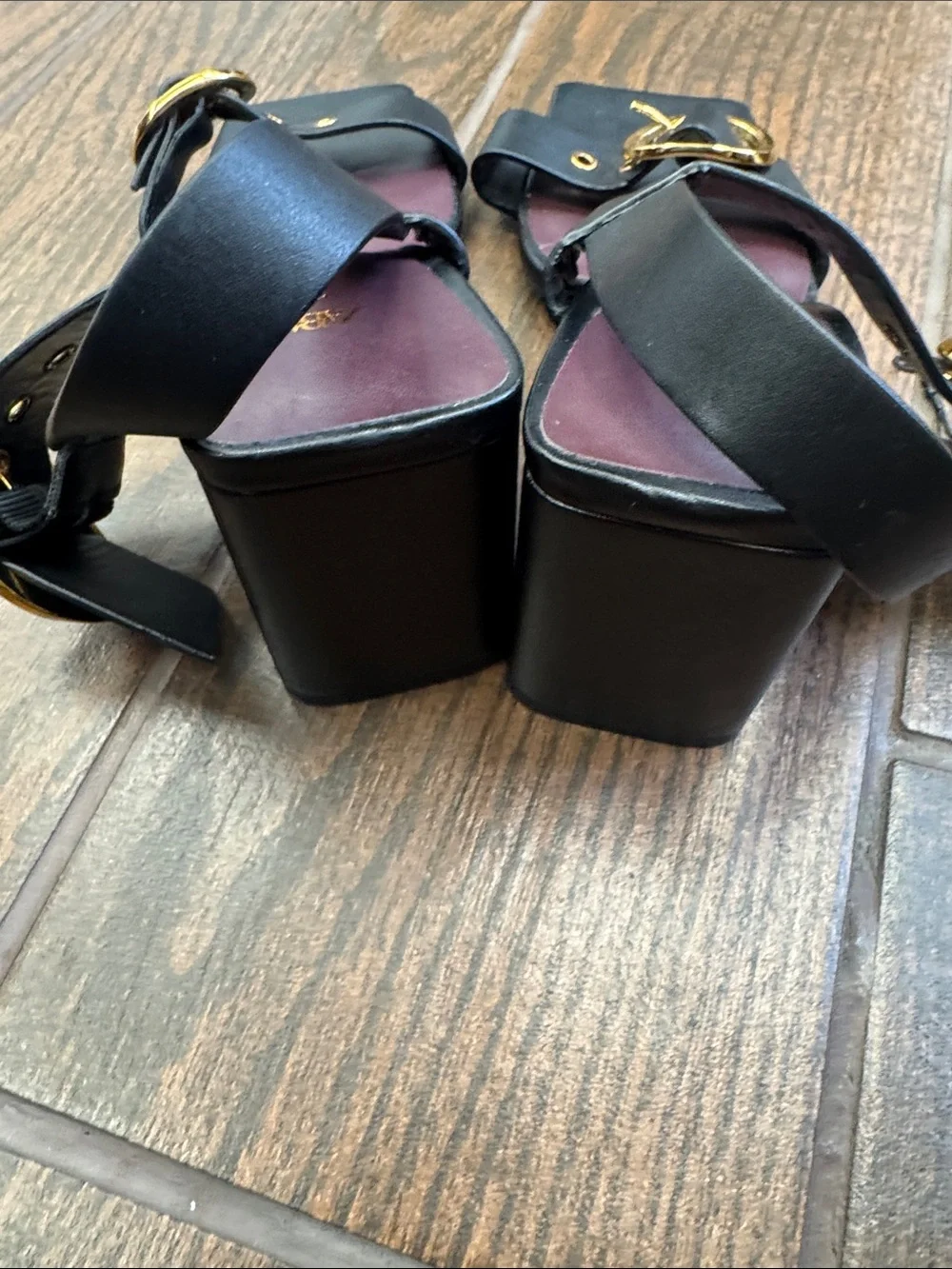 Zara Black Leather Square-Toe Slide Sandals with Gold Buckles - Picture 5 of 6